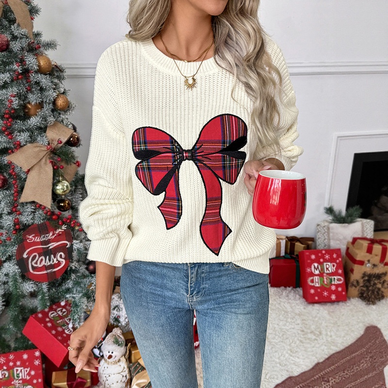 Women's Plaid Bow Crewneck Knit Sweater