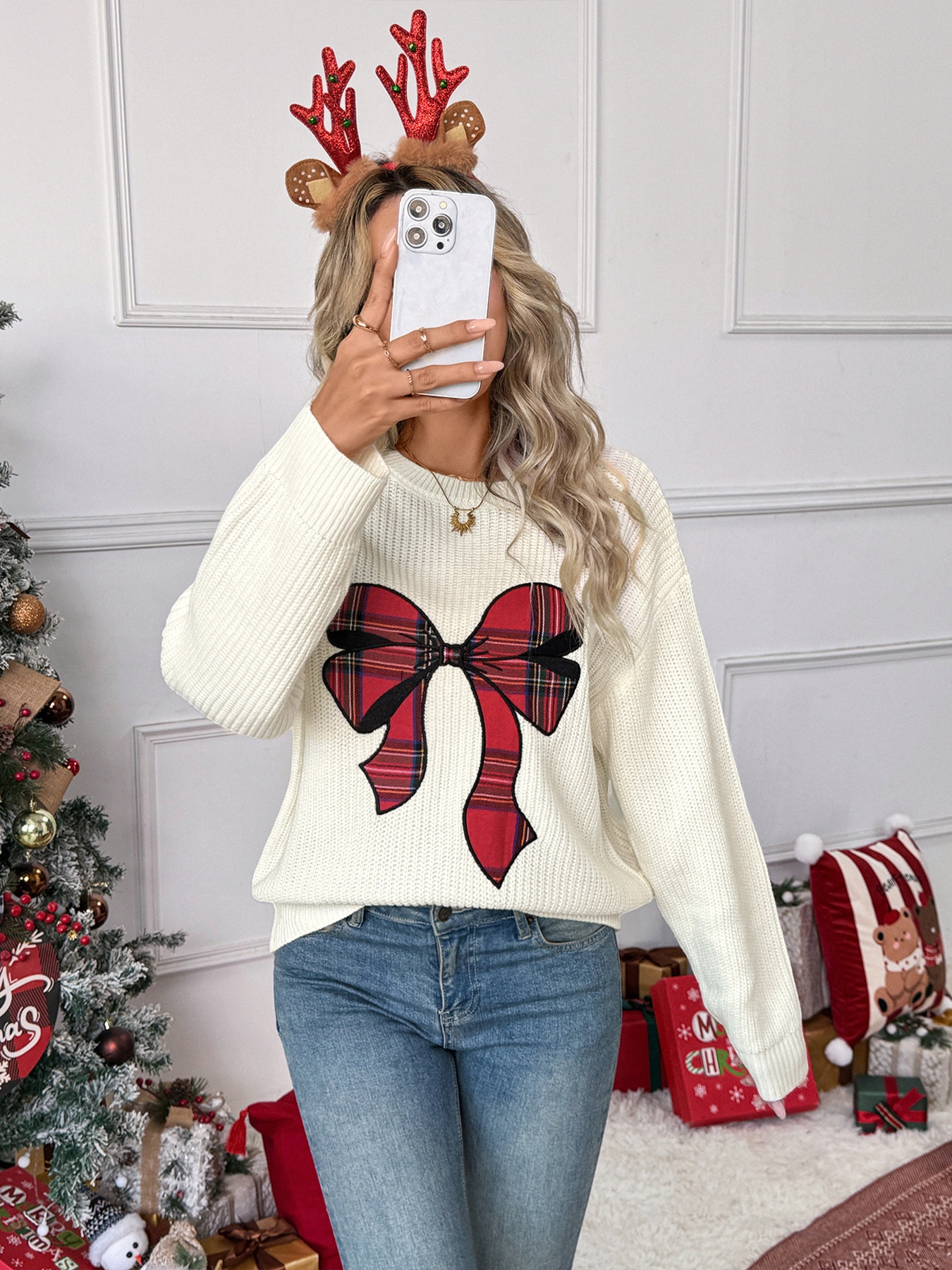 Women's Plaid Bow Crewneck Knit Sweater