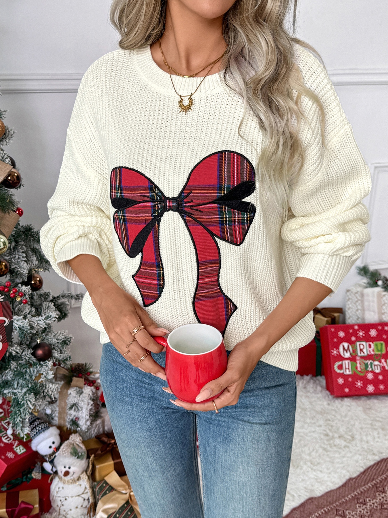 Women's Plaid Bow Crewneck Knit Sweater