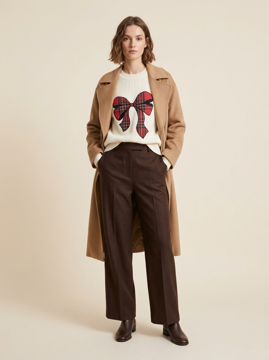 Women's Plaid Bow Crewneck Knit Sweater