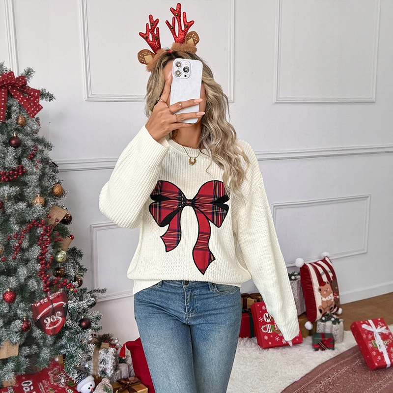 Women's Plaid Bow Crewneck Knit Sweater