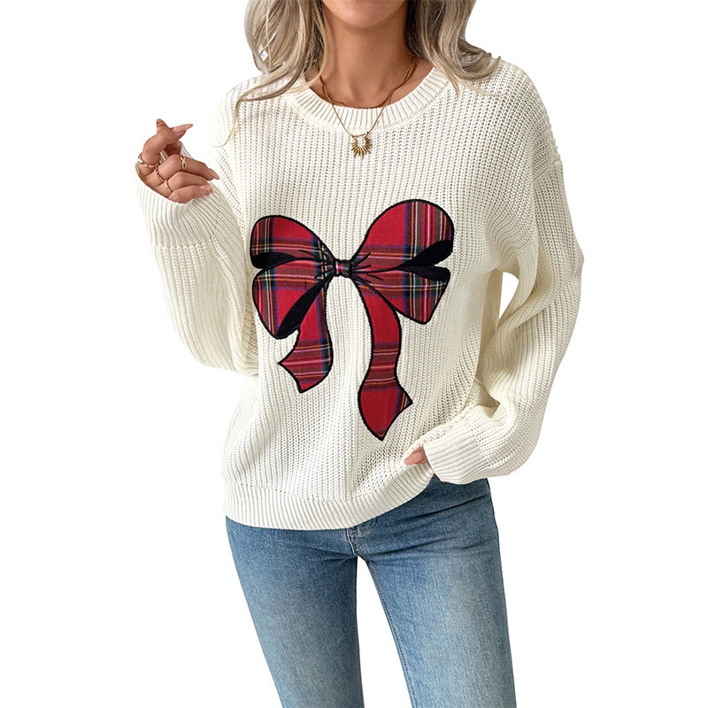 Women's Plaid Bow Crewneck Knit Sweater