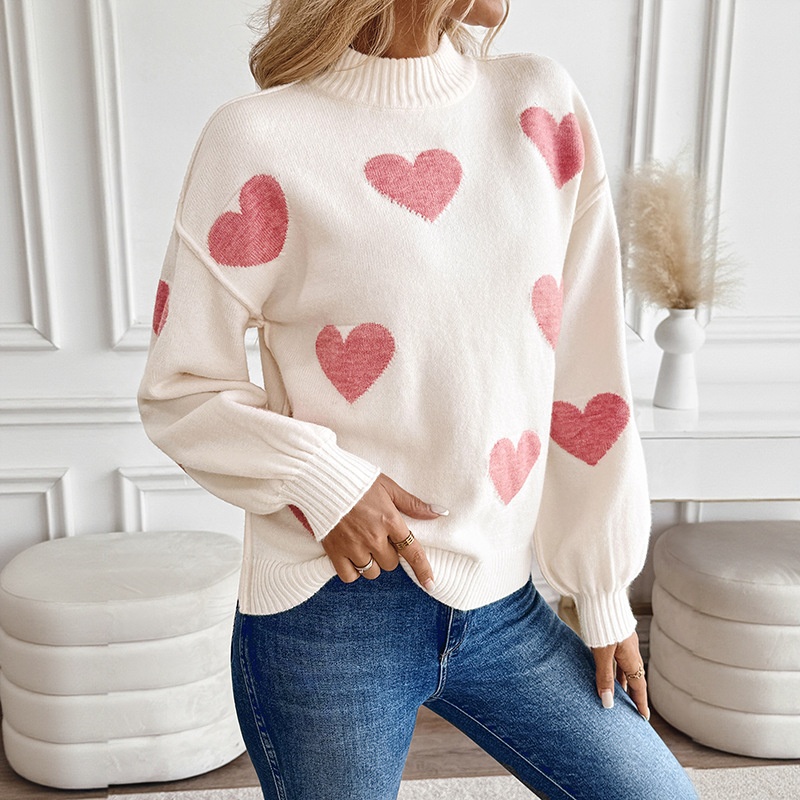 Women's Mock Neck Heart Jacquard Knit Sweater