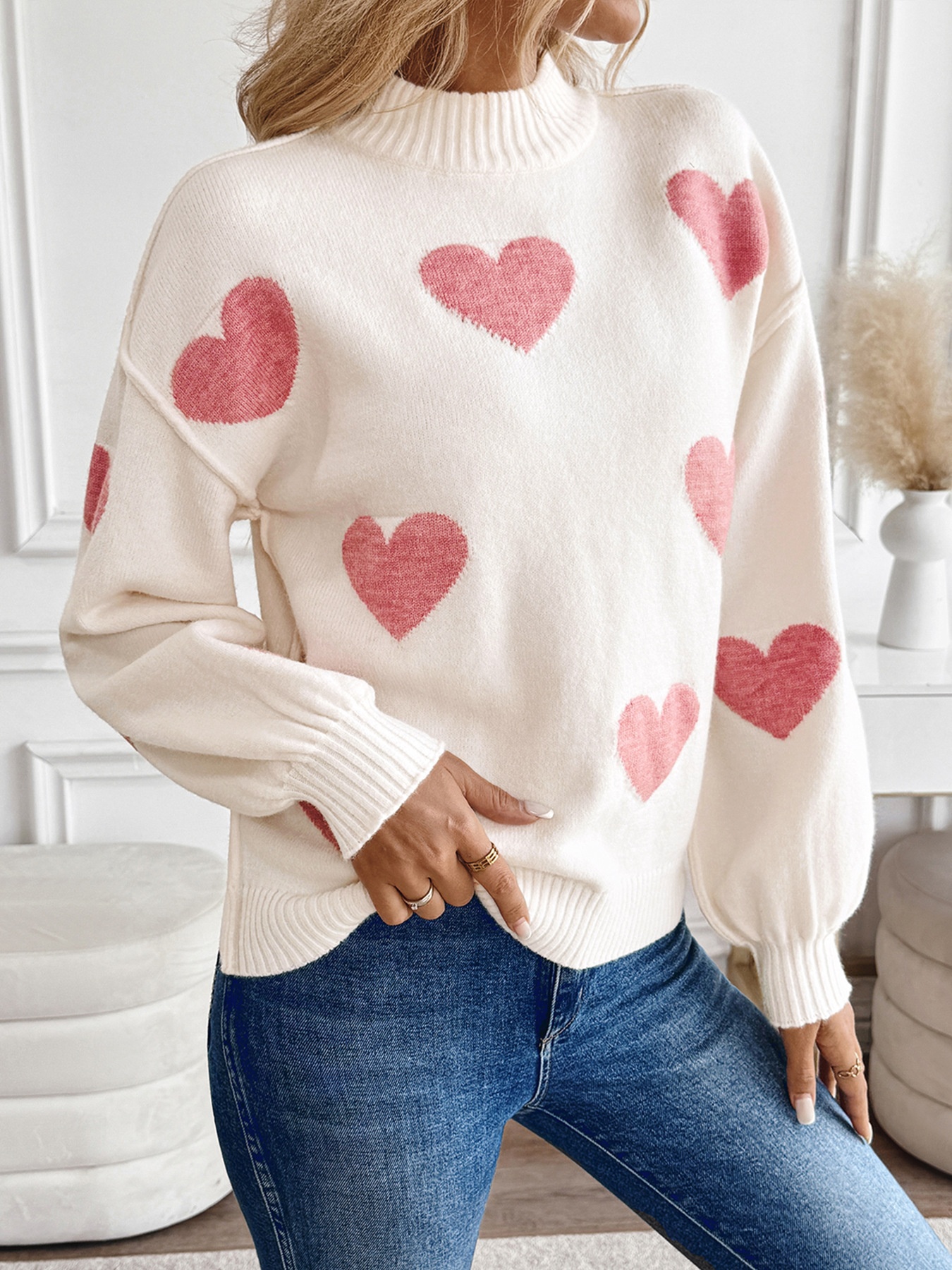 Women's Mock Neck Heart Jacquard Knit Sweater