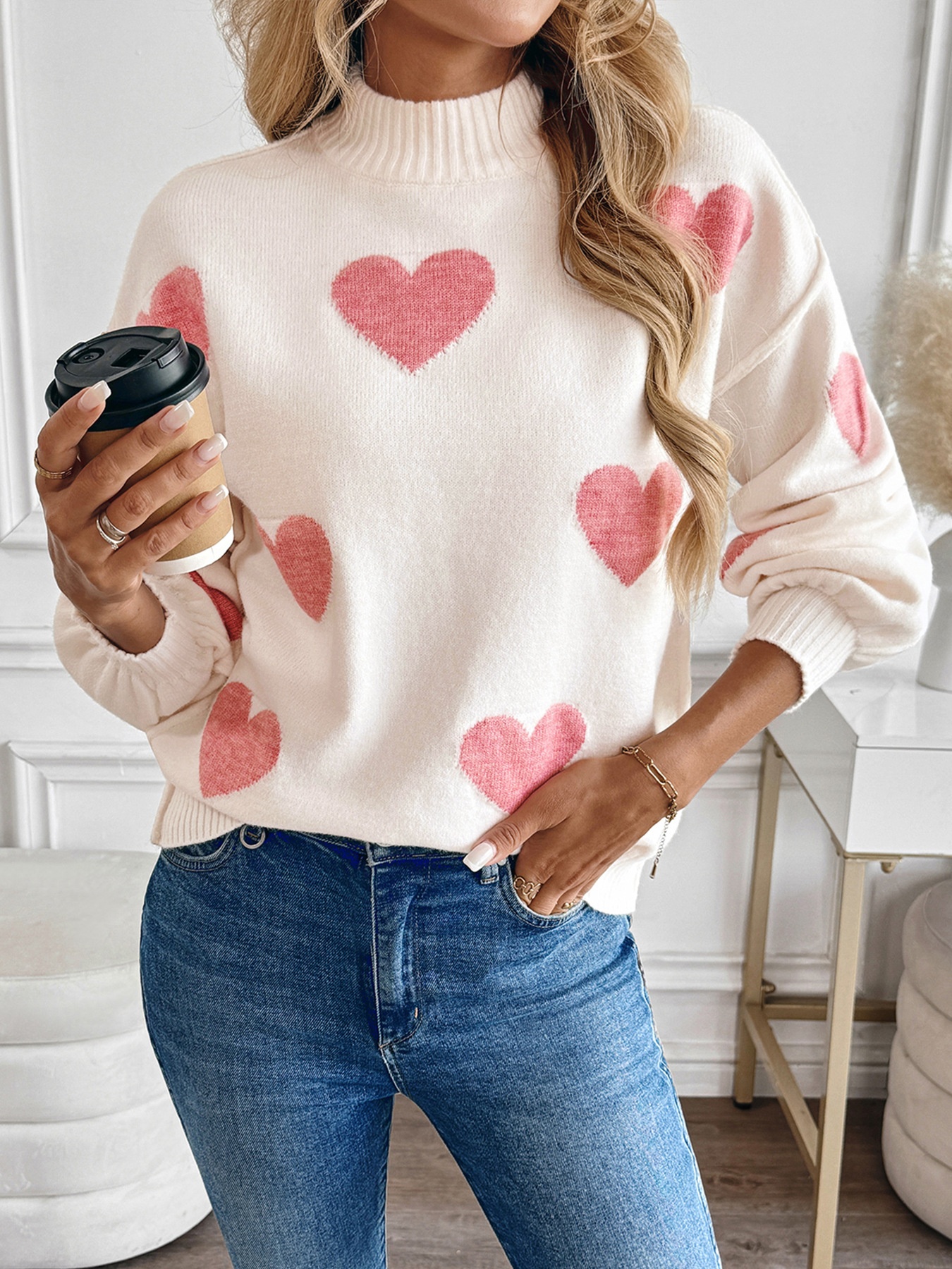 Women's Mock Neck Heart Jacquard Knit Sweater