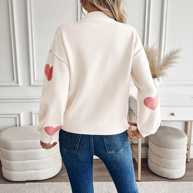 Women's Mock Neck Heart Jacquard Knit Sweater