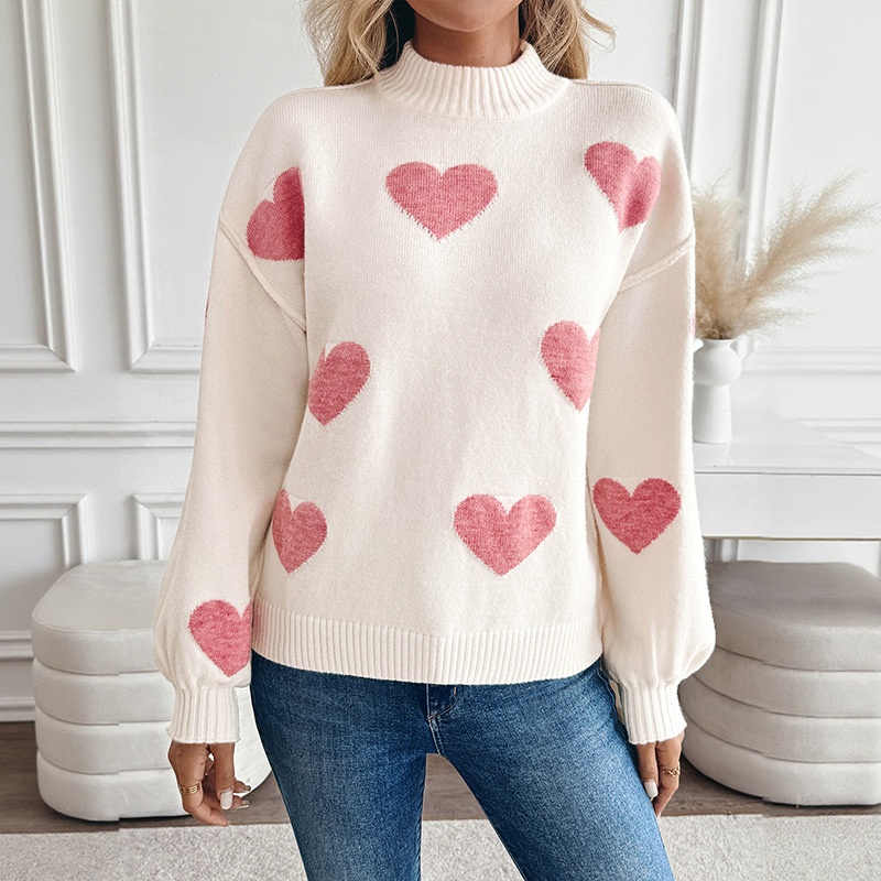 Women's Mock Neck Heart Jacquard Knit Sweater