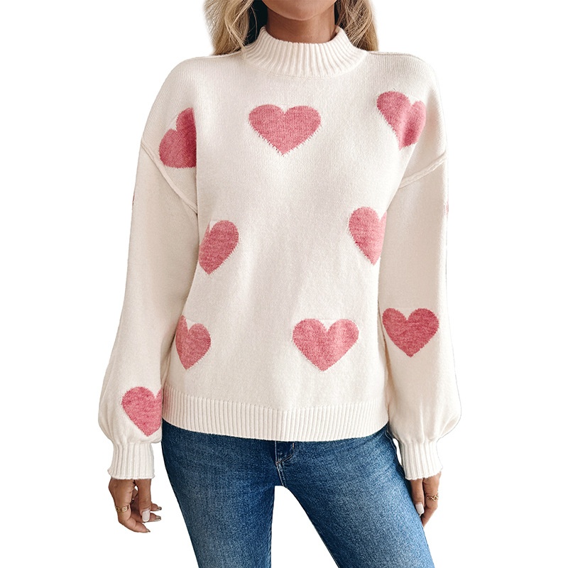 Women's Mock Neck Heart Jacquard Knit Sweater