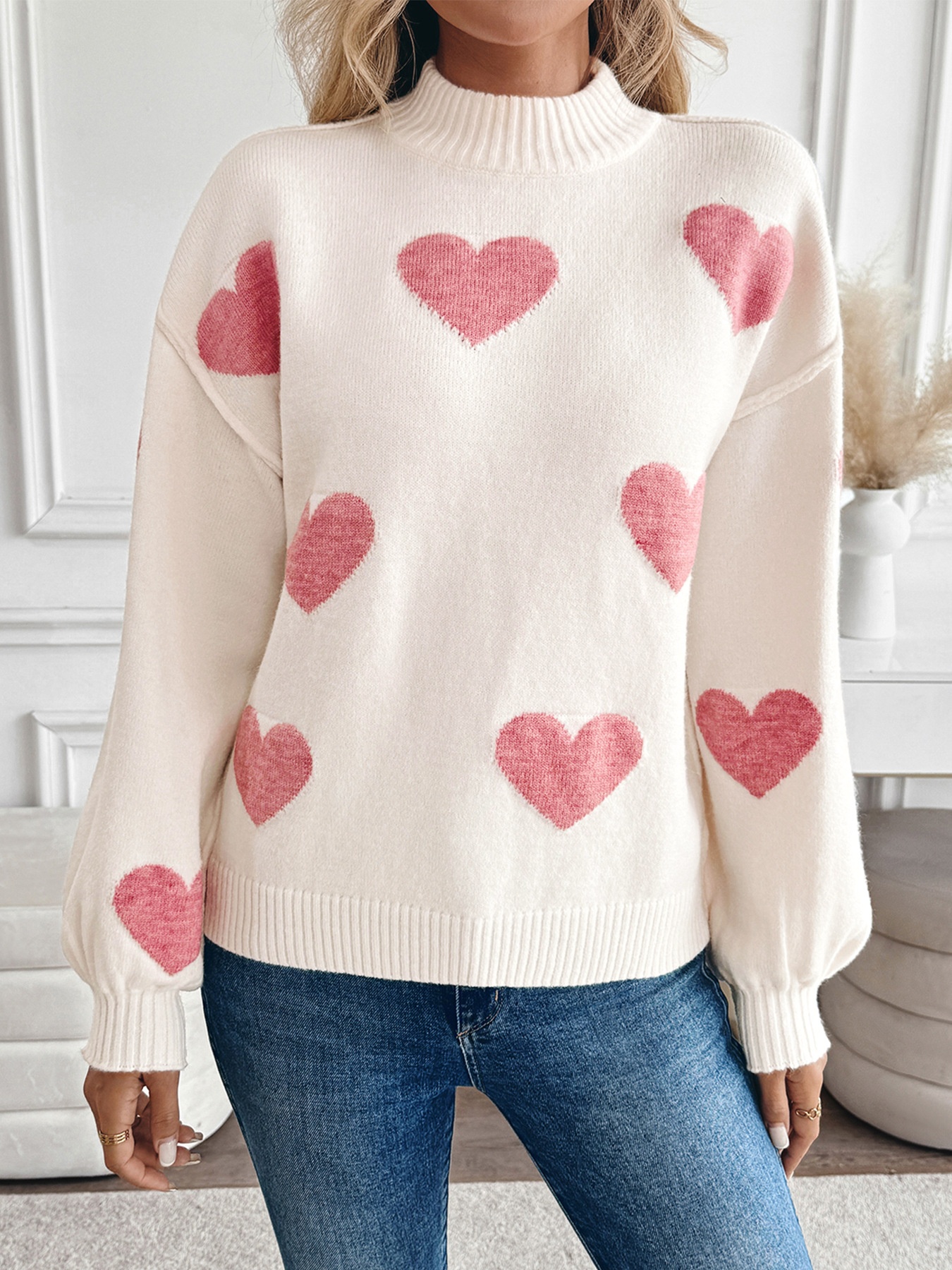 Women's Mock Neck Heart Jacquard Knit Sweater