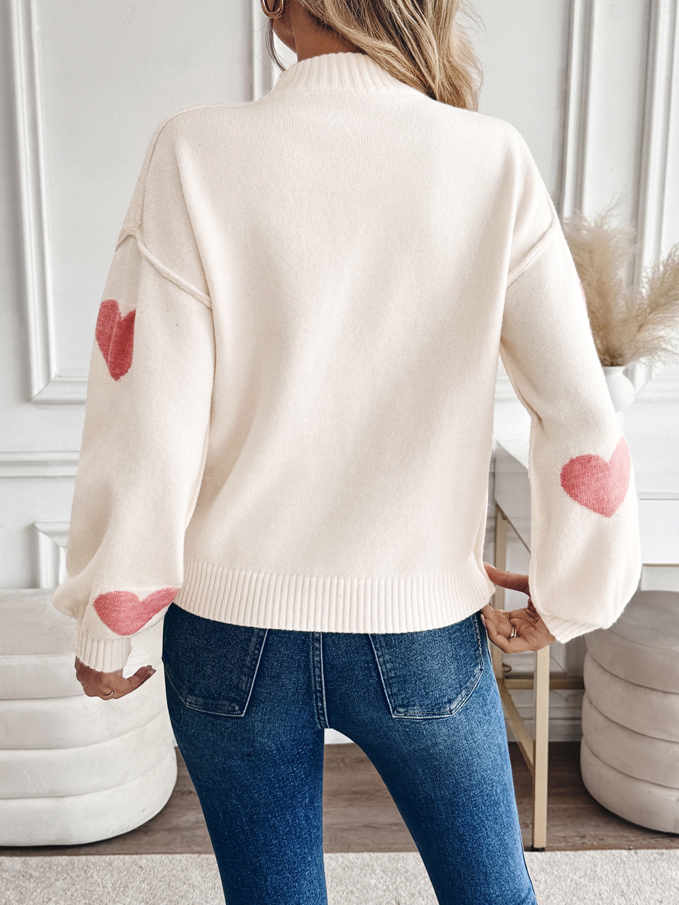 Women's Mock Neck Heart Jacquard Knit Sweater