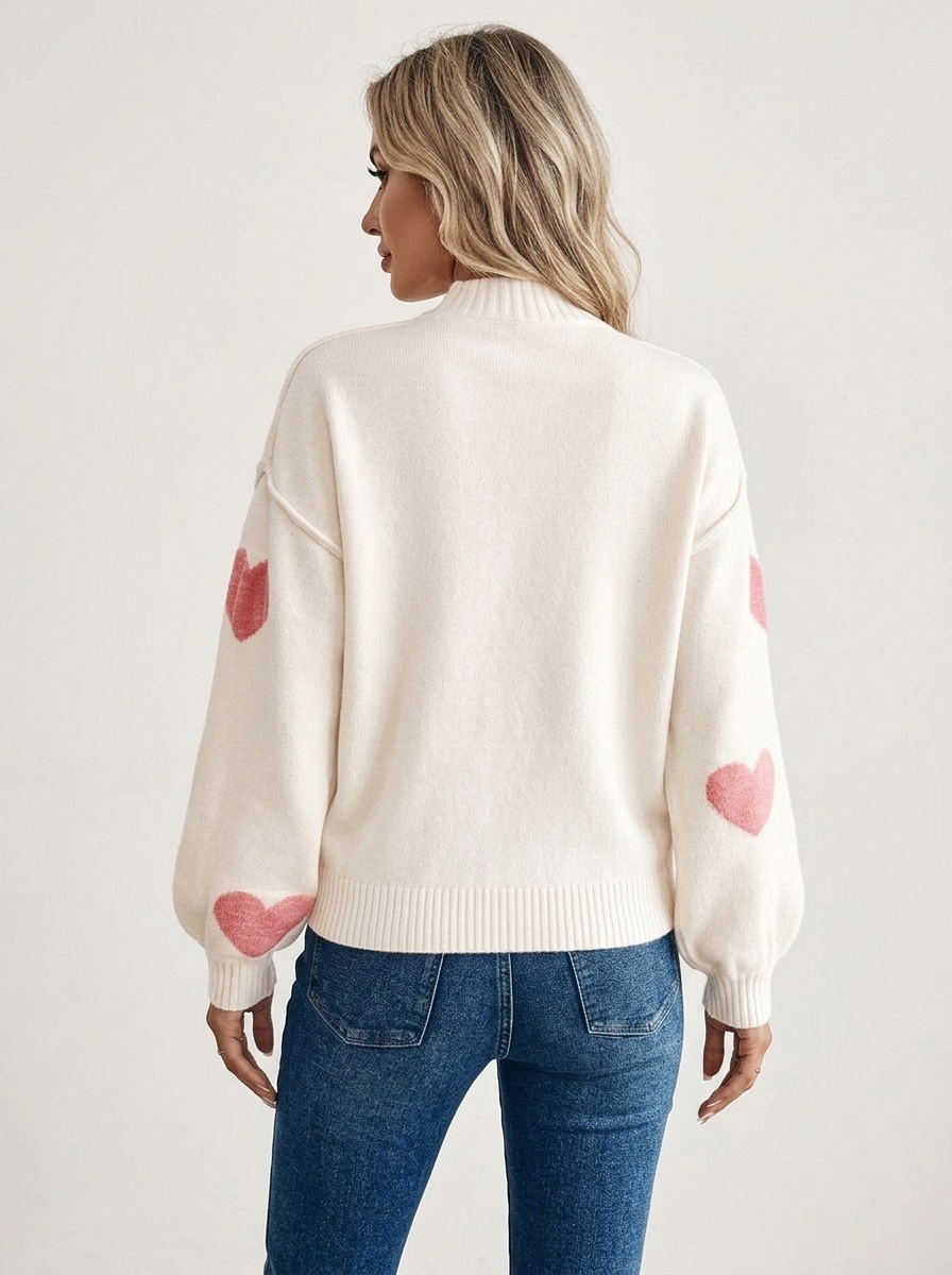 Women's Mock Neck Heart Jacquard Knit Sweater