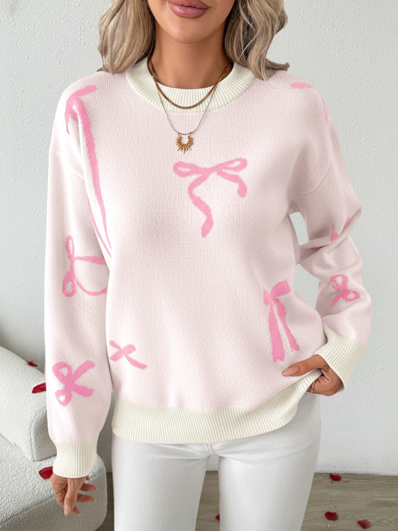 Women's Bow Jacquard Crew Neck Knit Sweater