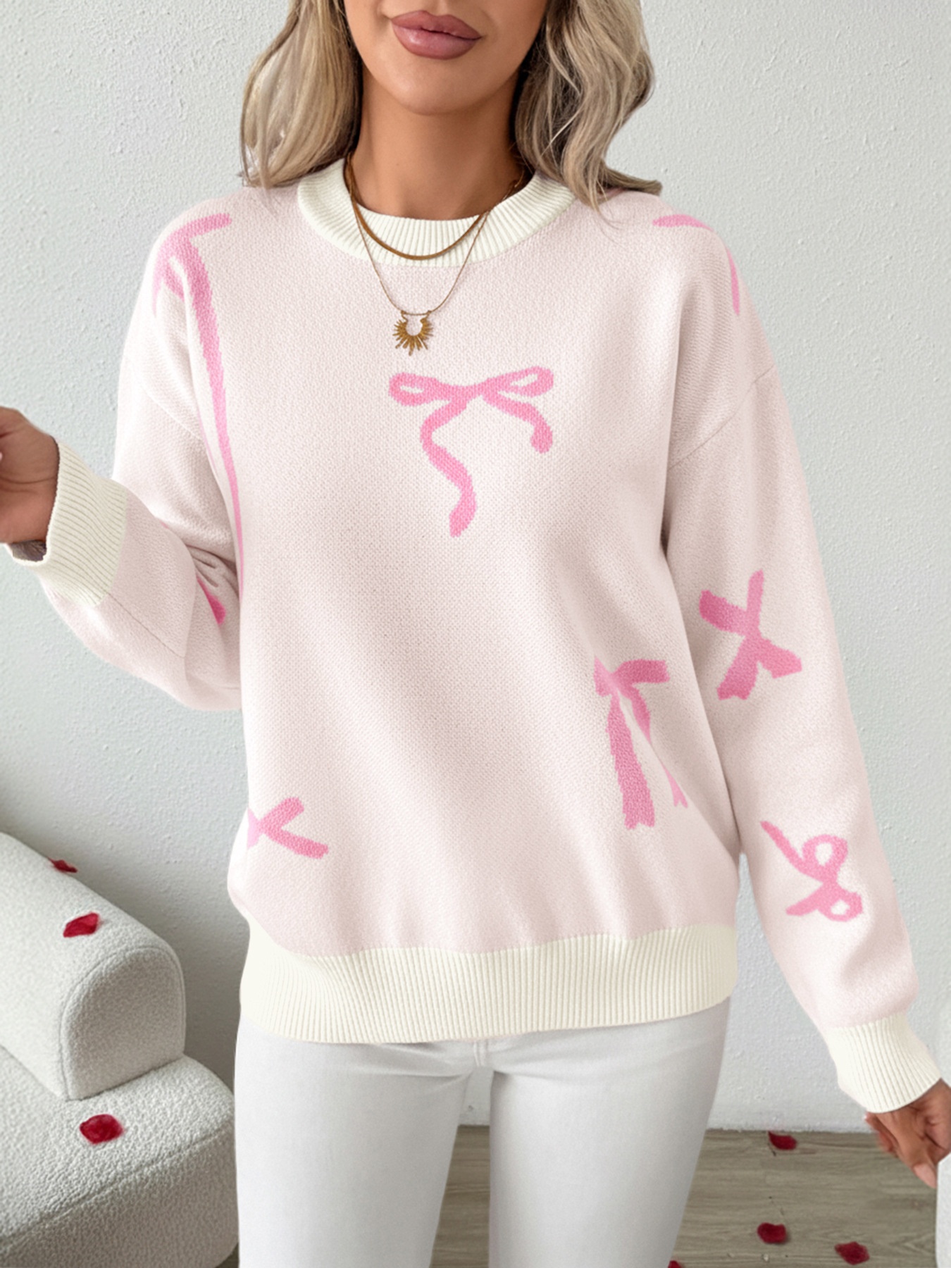 Women's Bow Jacquard Crew Neck Knit Sweater