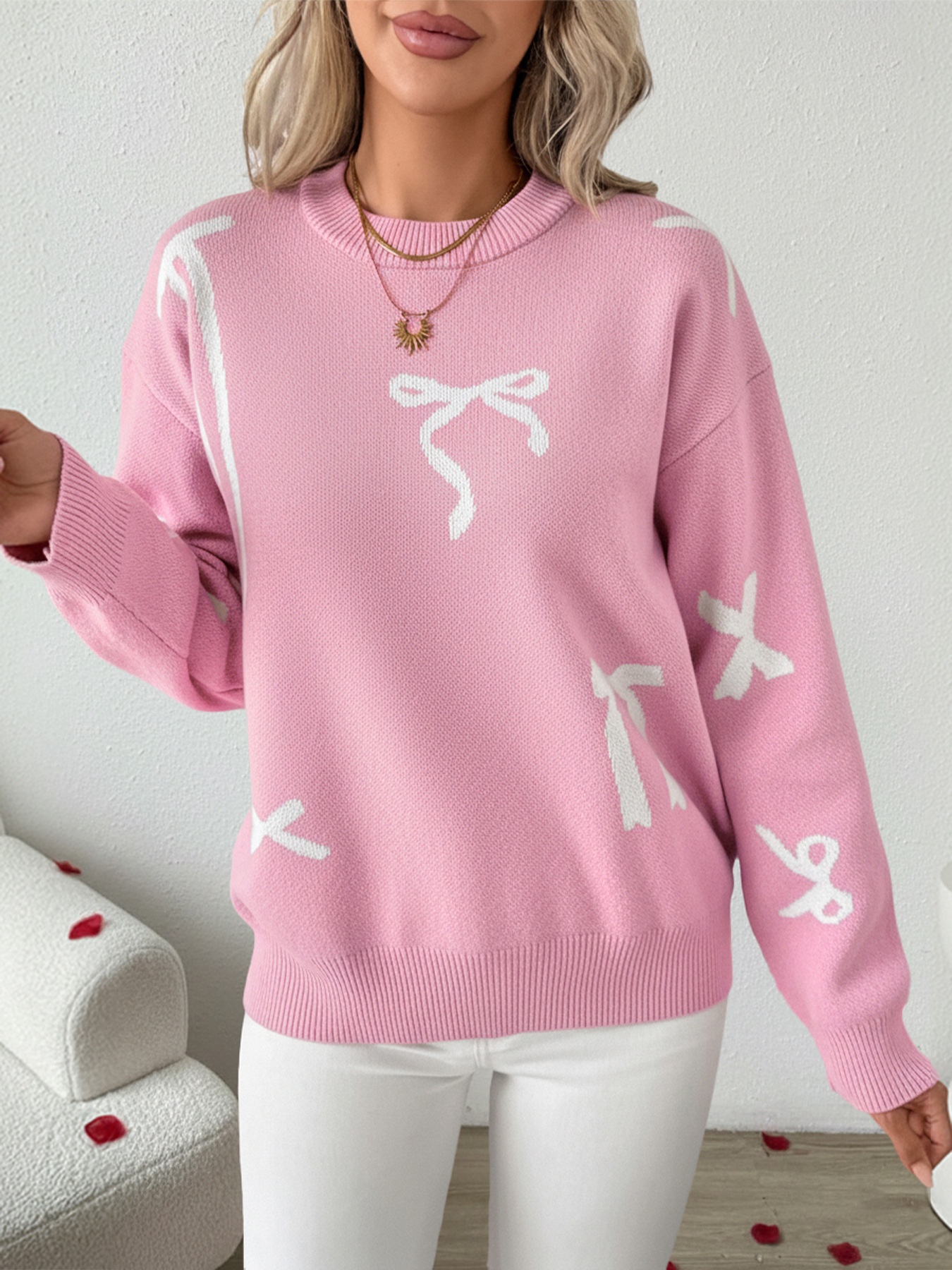Women's Bow Jacquard Crew Neck Knit Sweater