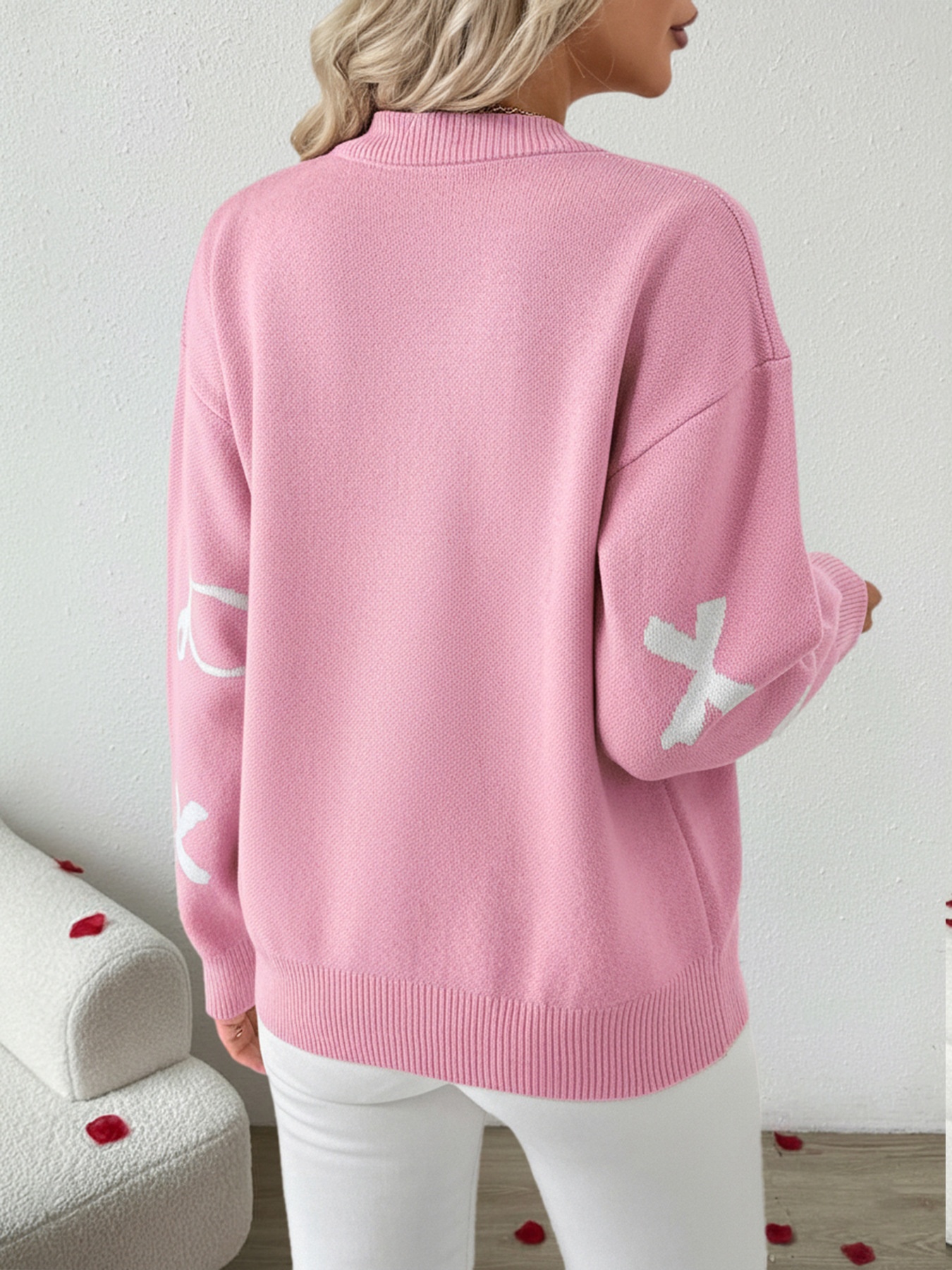 Women's Bow Jacquard Crew Neck Knit Sweater