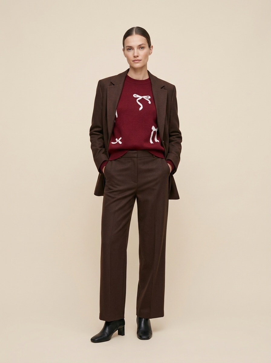 Women's Bow Jacquard Crew Neck Knit Sweater