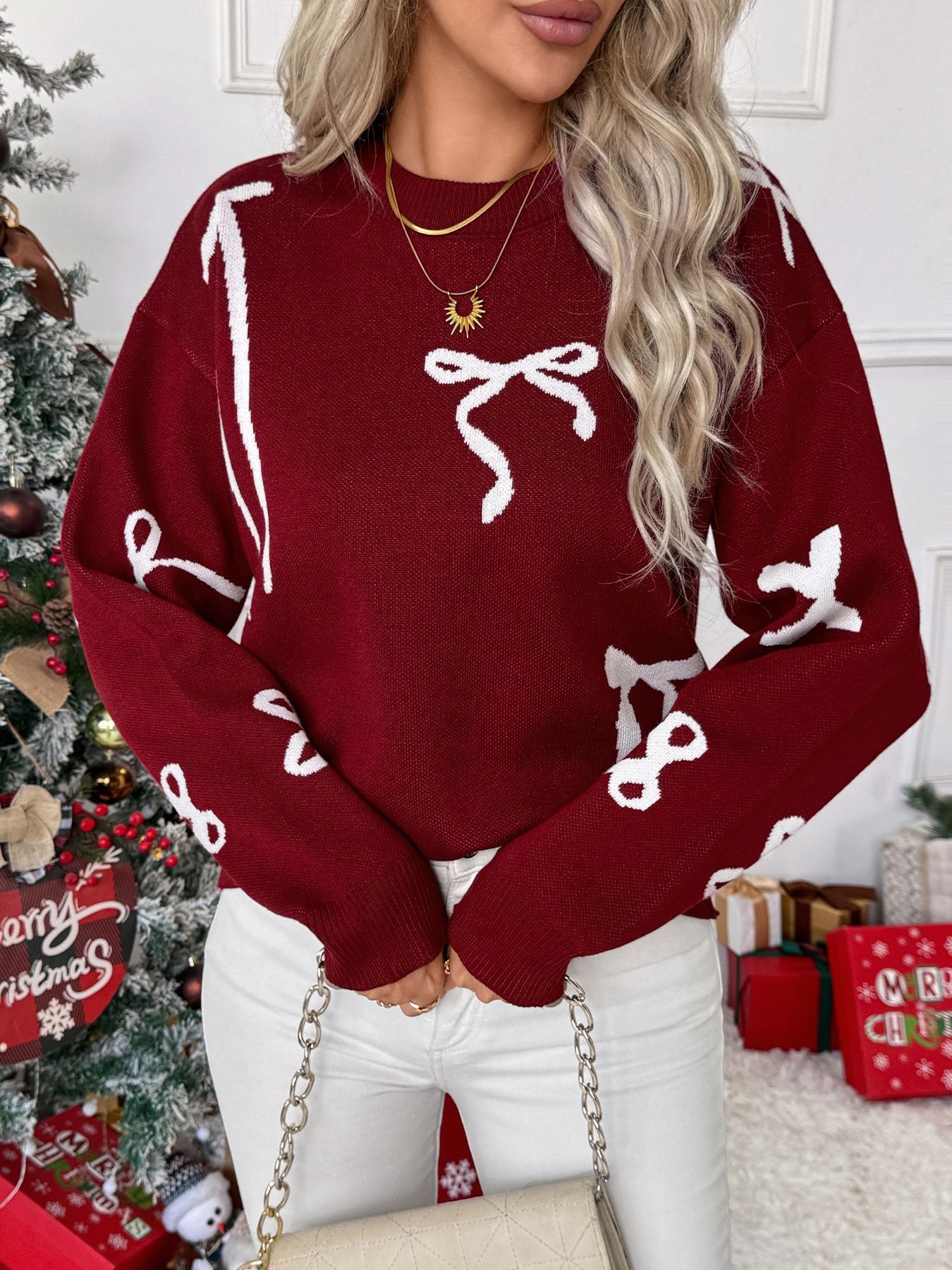Women's Bow Jacquard Crew Neck Knit Sweater