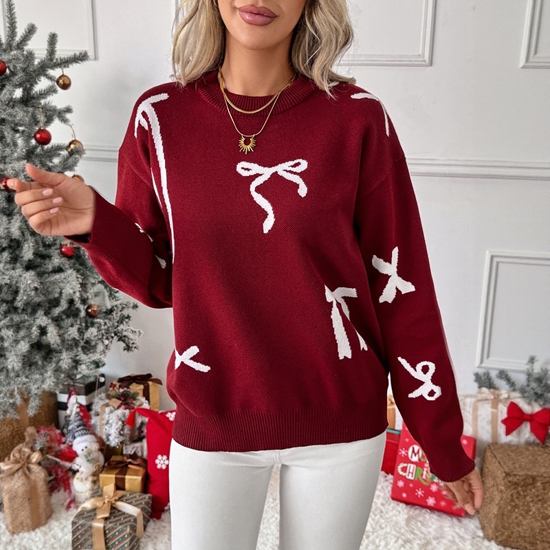 Women's Bow Jacquard Crew Neck Knit Sweater