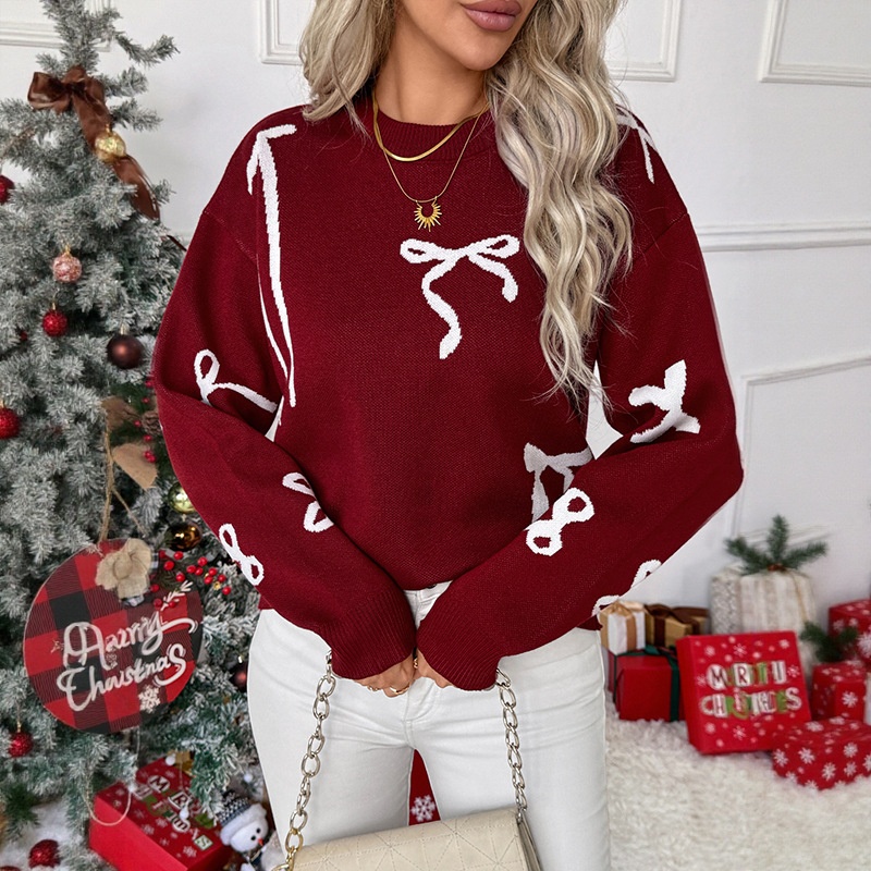 Women's Bow Jacquard Crew Neck Knit Sweater
