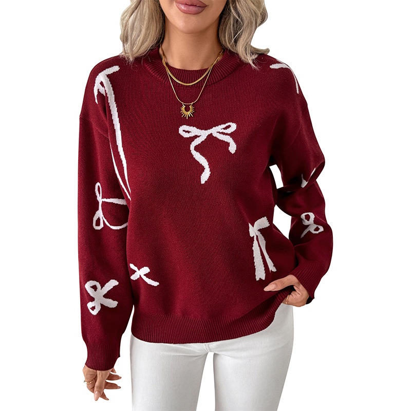 Women's Bow Jacquard Crew Neck Knit Sweater