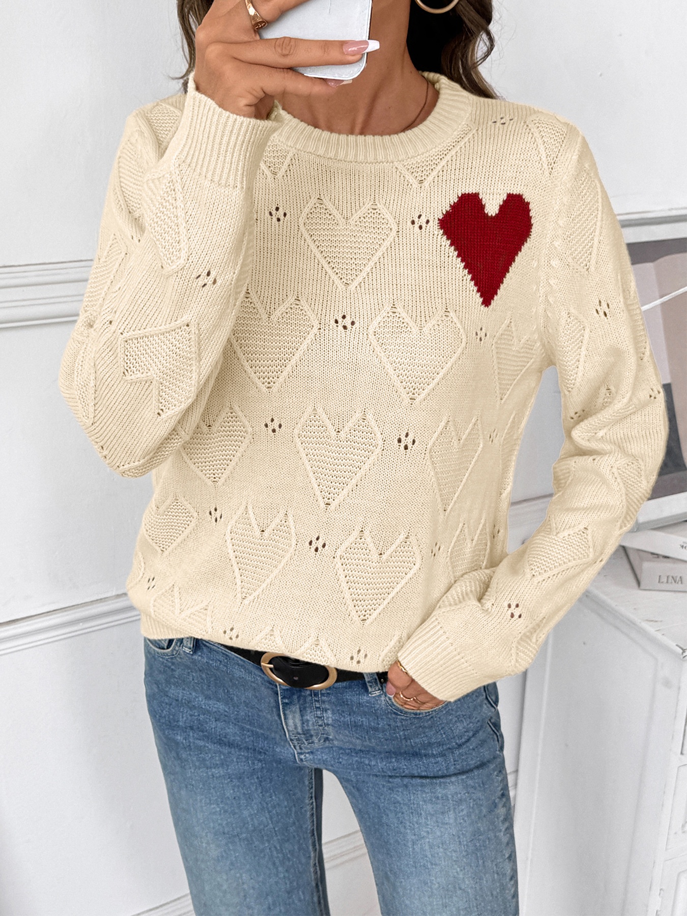 Women's Heart Pattern Knit Crewneck Sweater