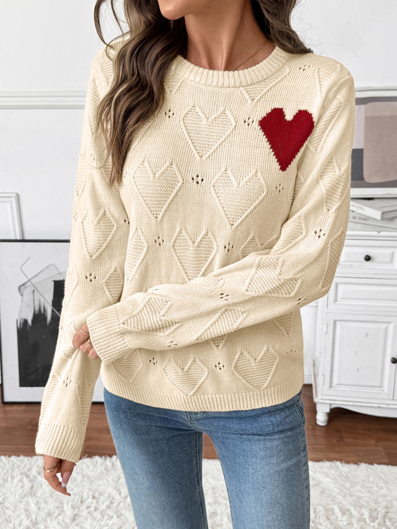 Women's Heart Pattern Knit Crewneck Sweater