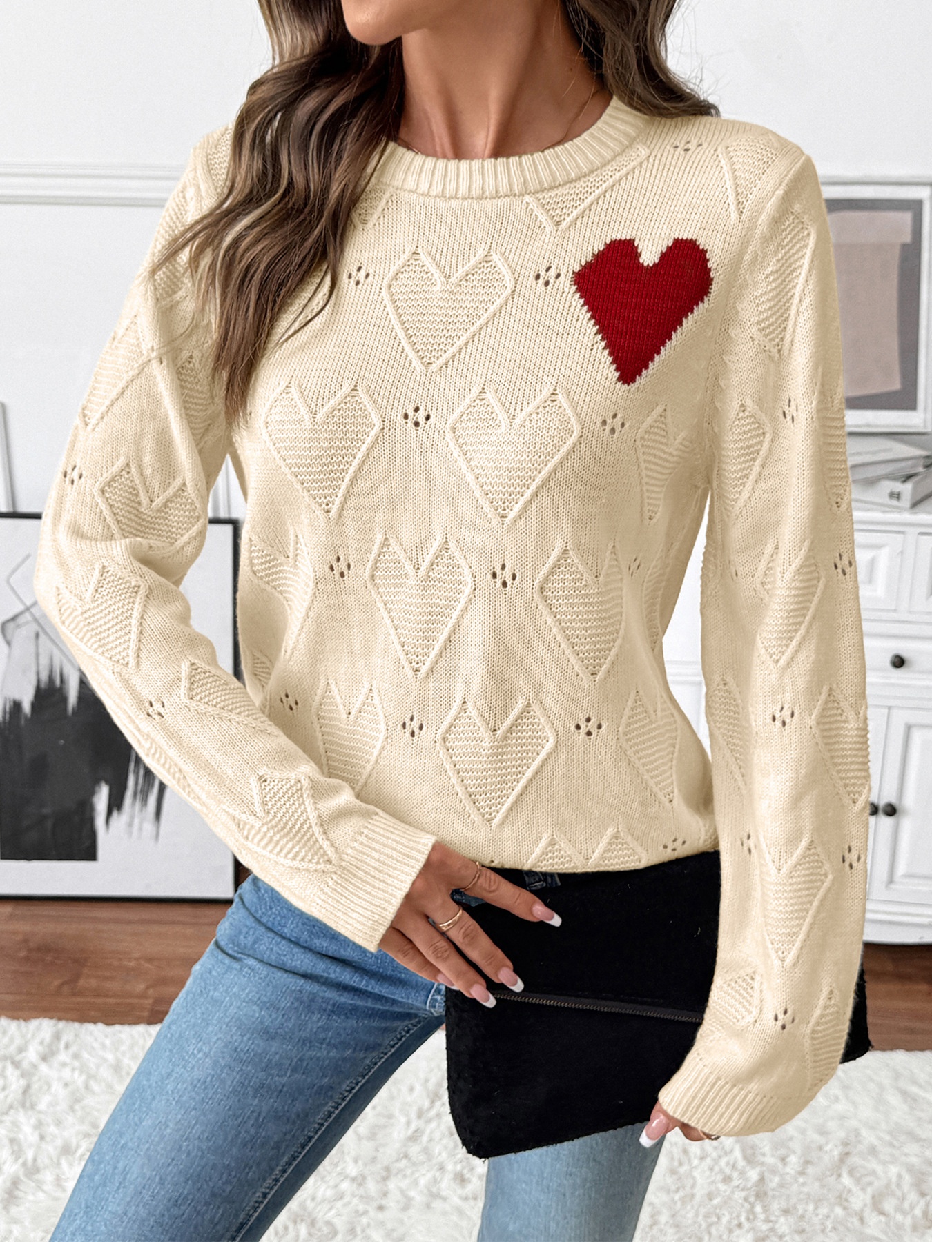 Women's Heart Pattern Knit Crewneck Sweater