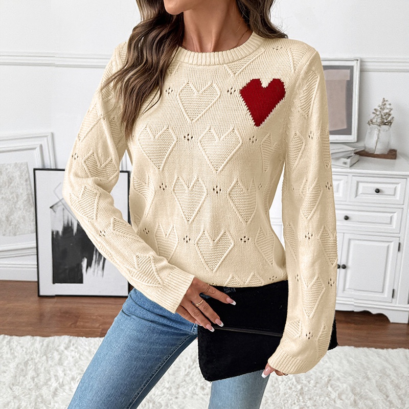 Women's Heart Pattern Knit Crewneck Sweater