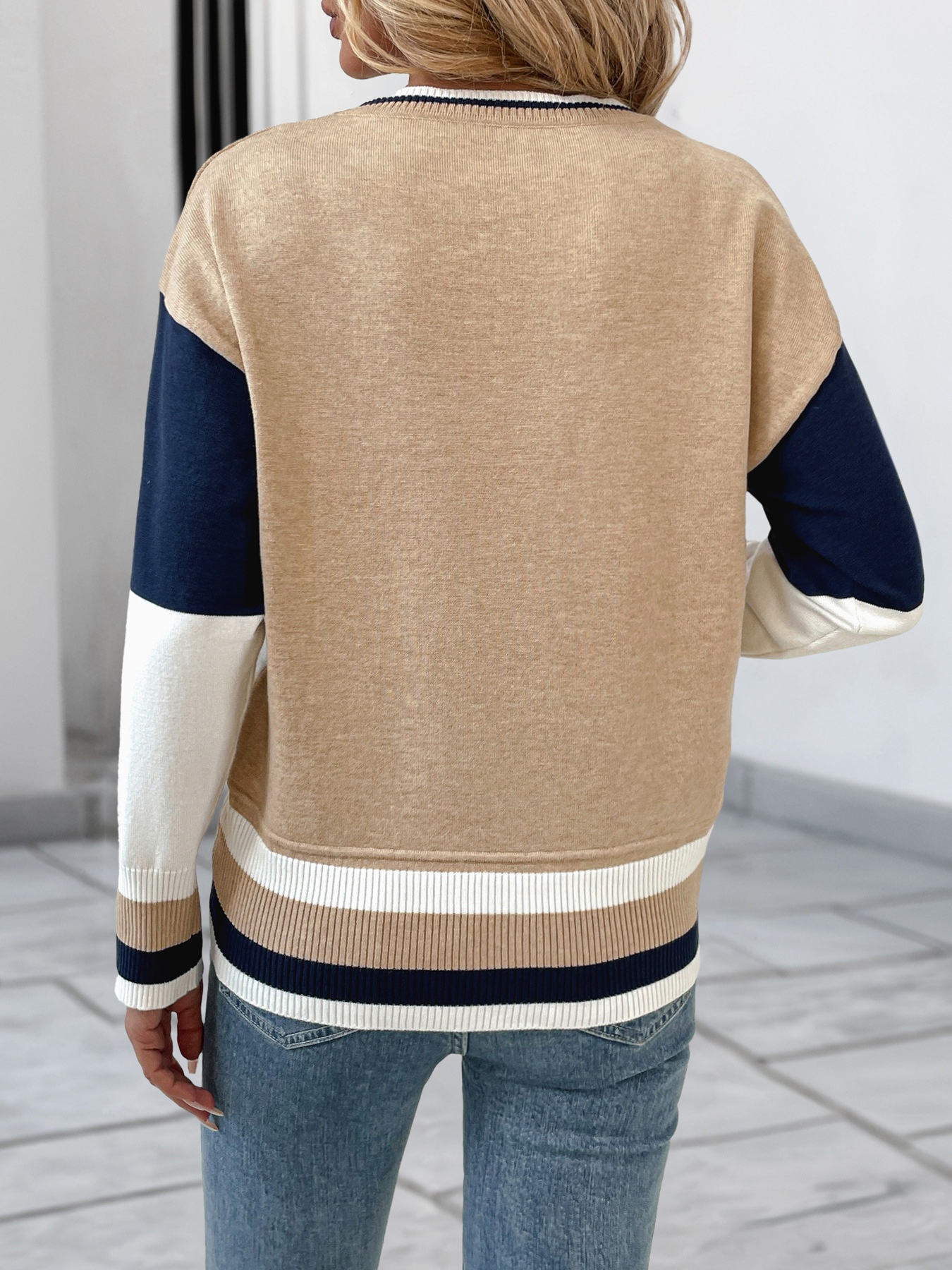 Women's Colorblock Crewneck Long Sleeve Knit Sweater