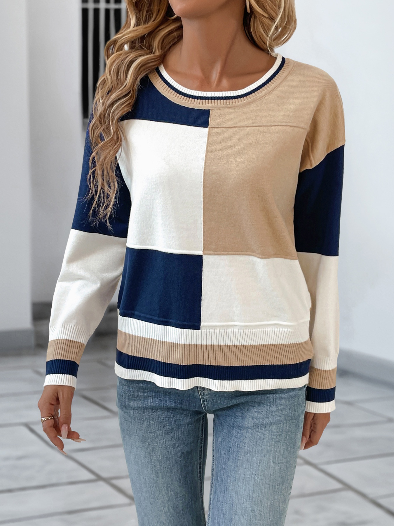 Women's Colorblock Crewneck Long Sleeve Knit Sweater
