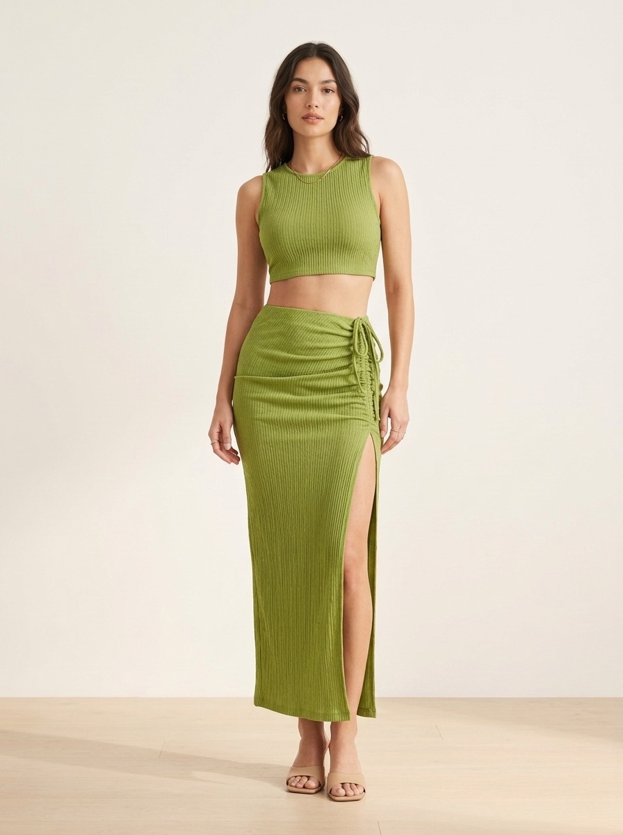 Ensemble crop top en maille côtelée et jupe maxi fendue à cordon