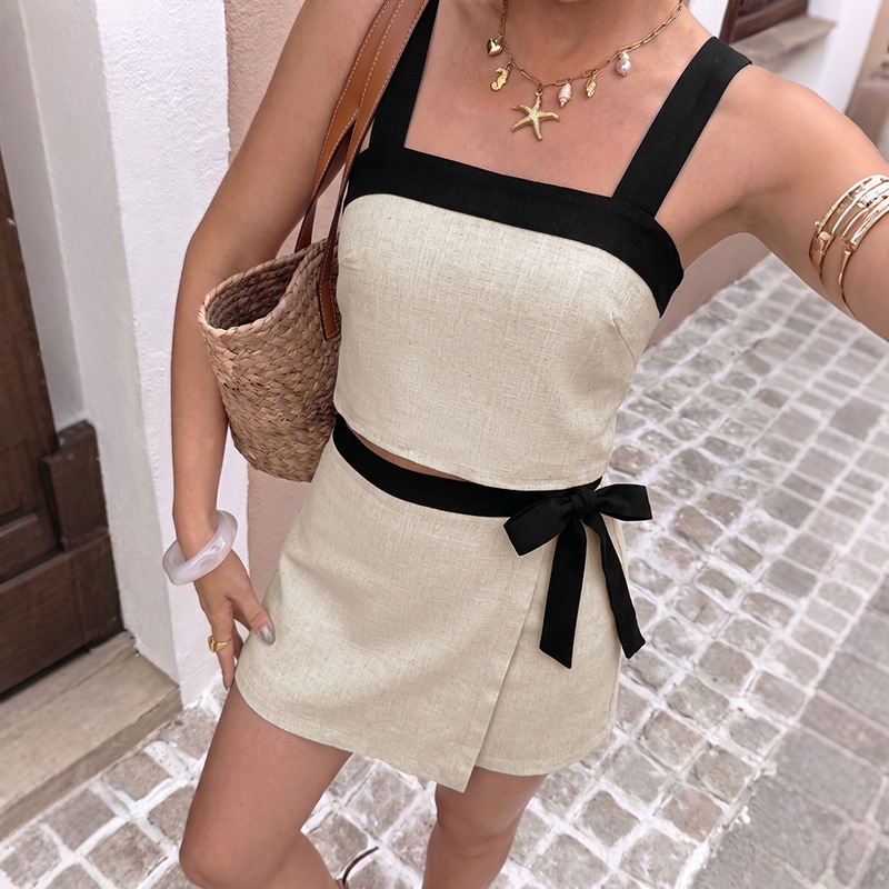 Chic Linen Blend Crop Top & Wrap Mini Skirt Set