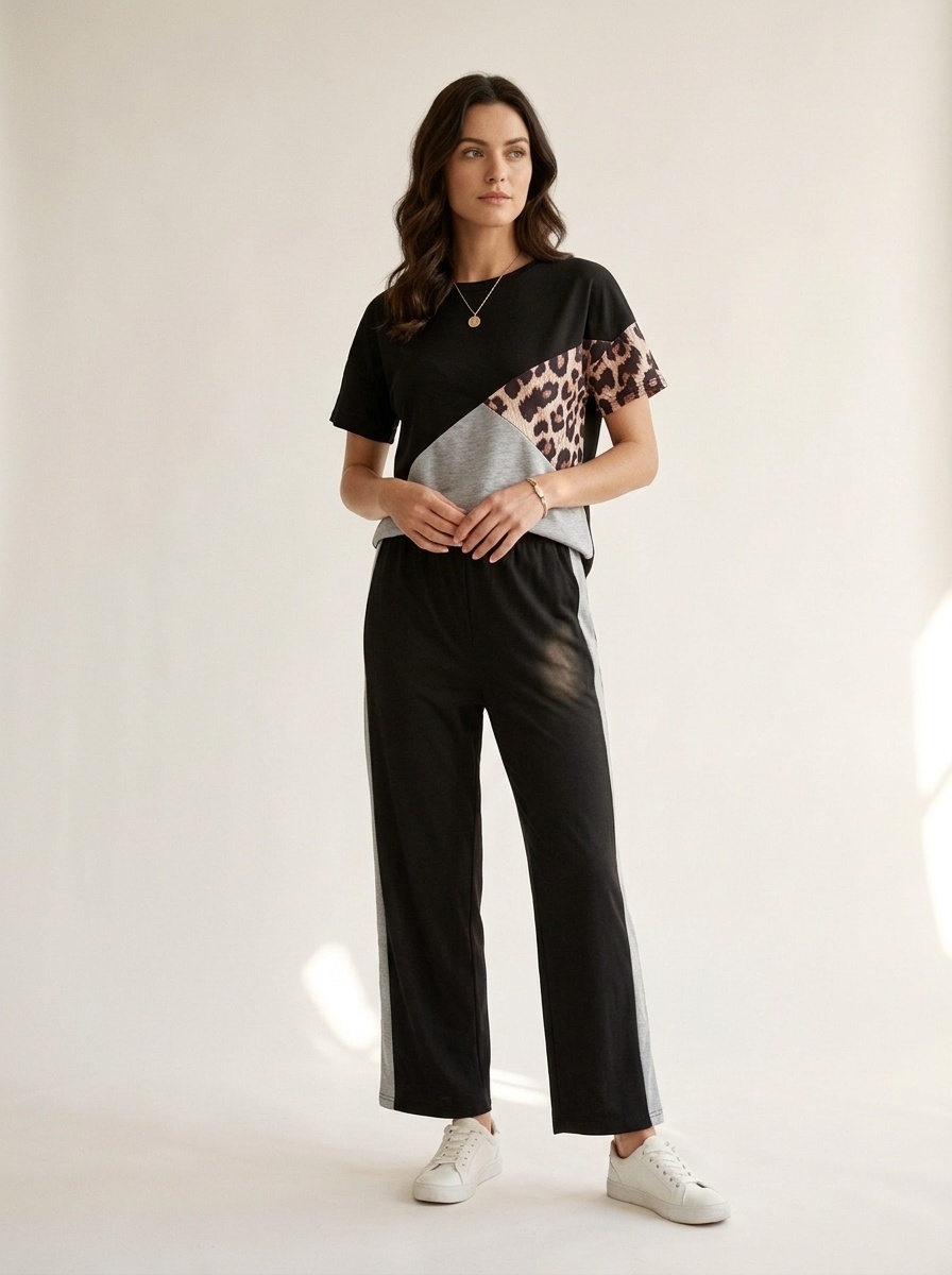 Women's Color Block Leopard Print Loungewear Set