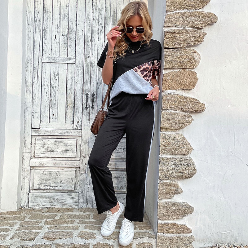 Women's Color Block Leopard Print Loungewear Set