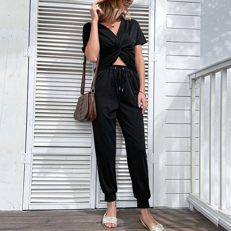 Women's Twist Front Top & Jogger Pants 2-Piece Set