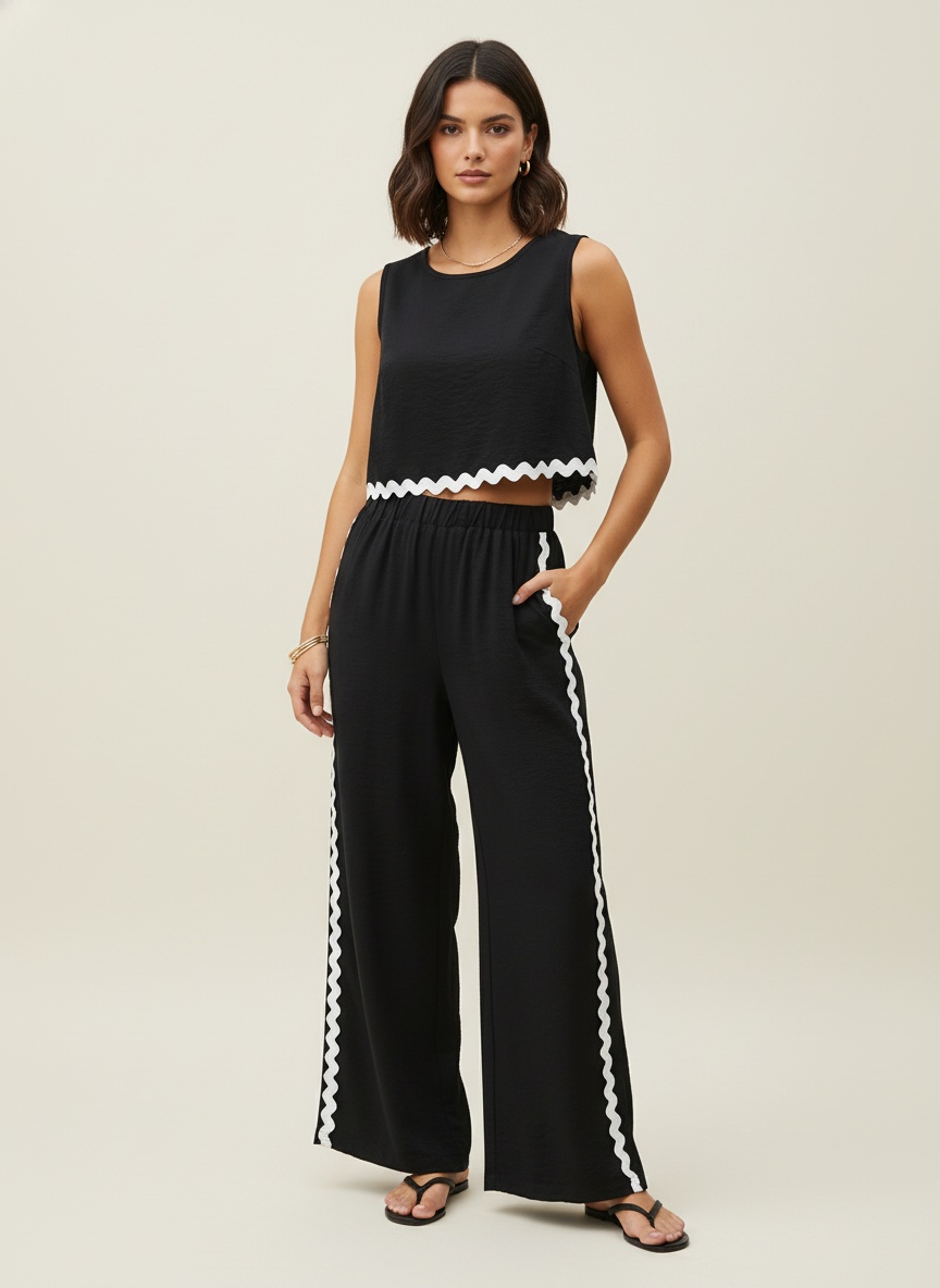 Ensemble crop top et pantalon large noir et blanc à bordure ondulée