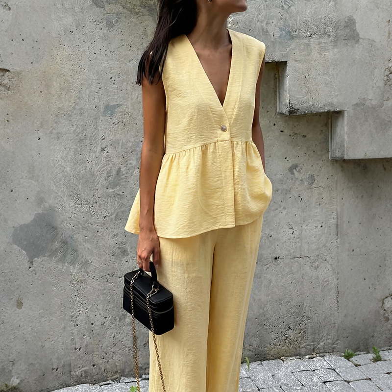 Chic Yellow Peplum Top & Wide-Leg Pants Set