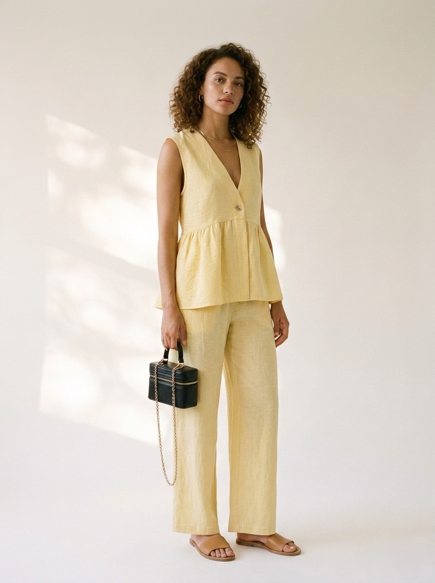 Chic Yellow Peplum Top & Wide-Leg Pants Set