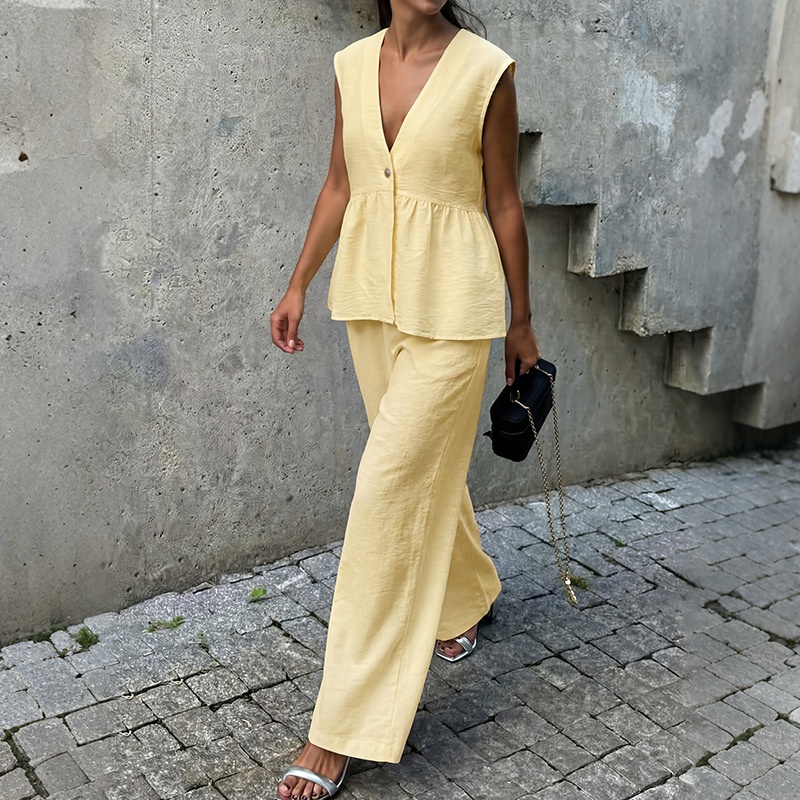 Chic Yellow Peplum Top & Wide-Leg Pants Set
