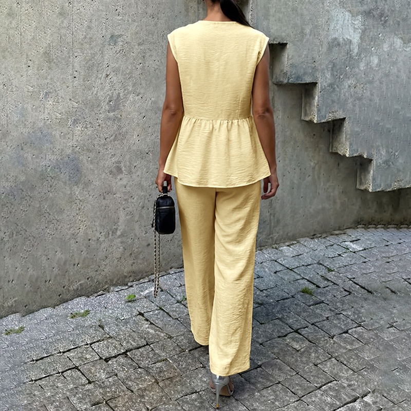 Chic Yellow Peplum Top & Wide-Leg Pants Set