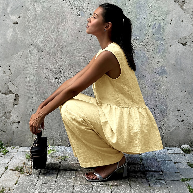 Chic Yellow Peplum Top & Wide-Leg Pants Set