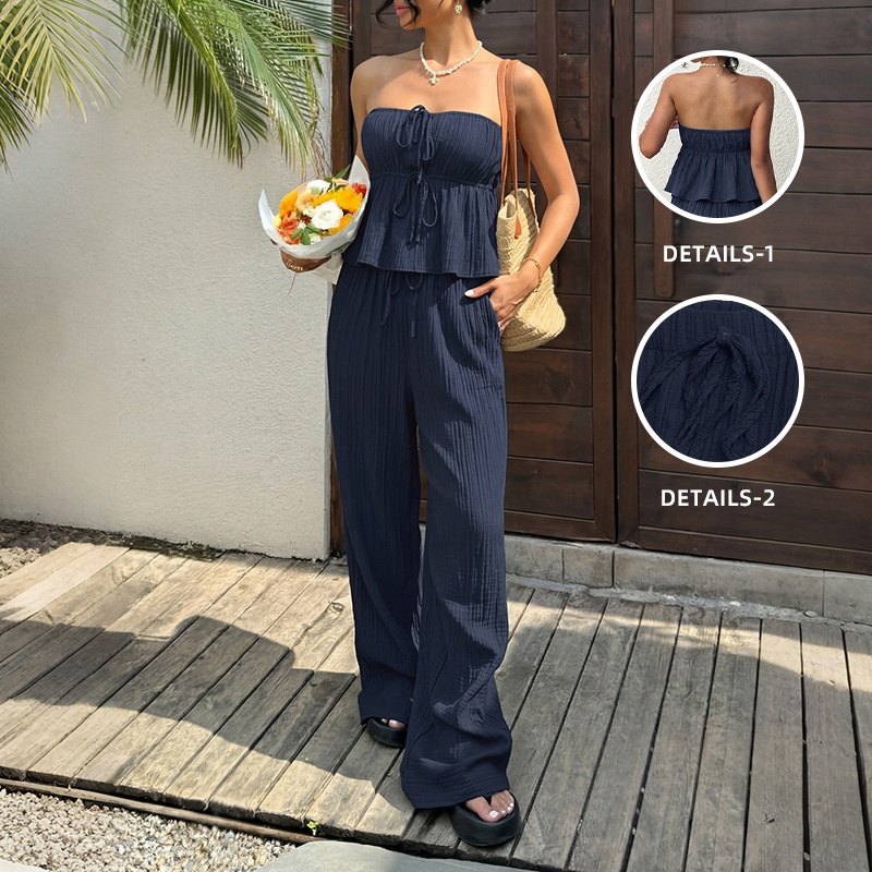 Women's Strapless Crinkle Two Piece Set - Top & Wide Leg Pants