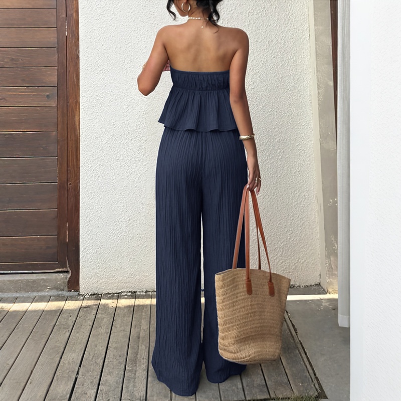 Women's Strapless Crinkle Two Piece Set - Top & Wide Leg Pants