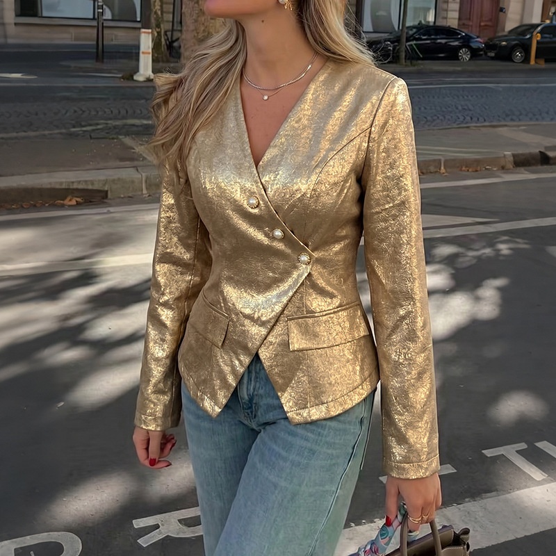 Metallic Gold Asymmetrical Button Blazer Jacket