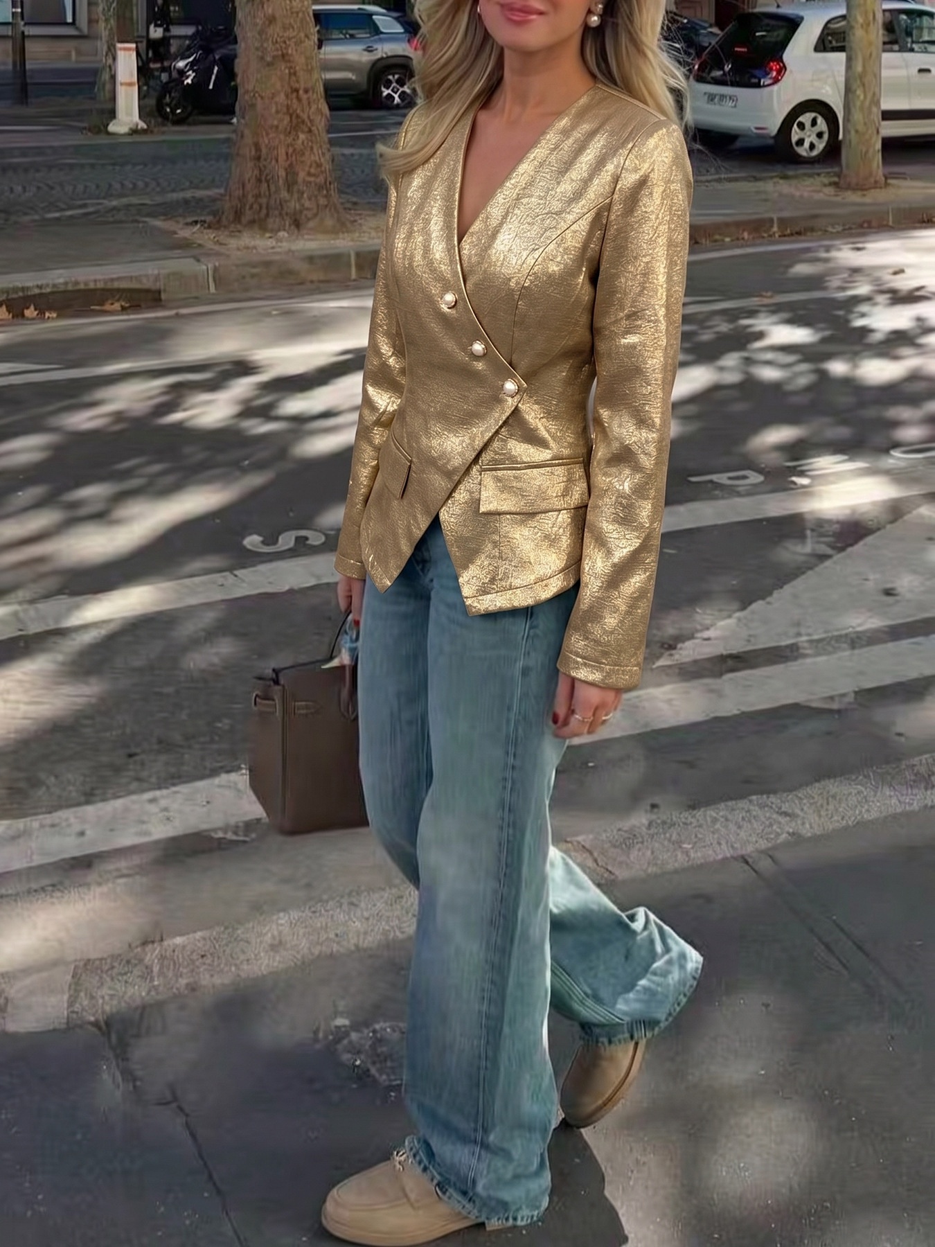 Metallic Gold Asymmetrical Button Blazer Jacket