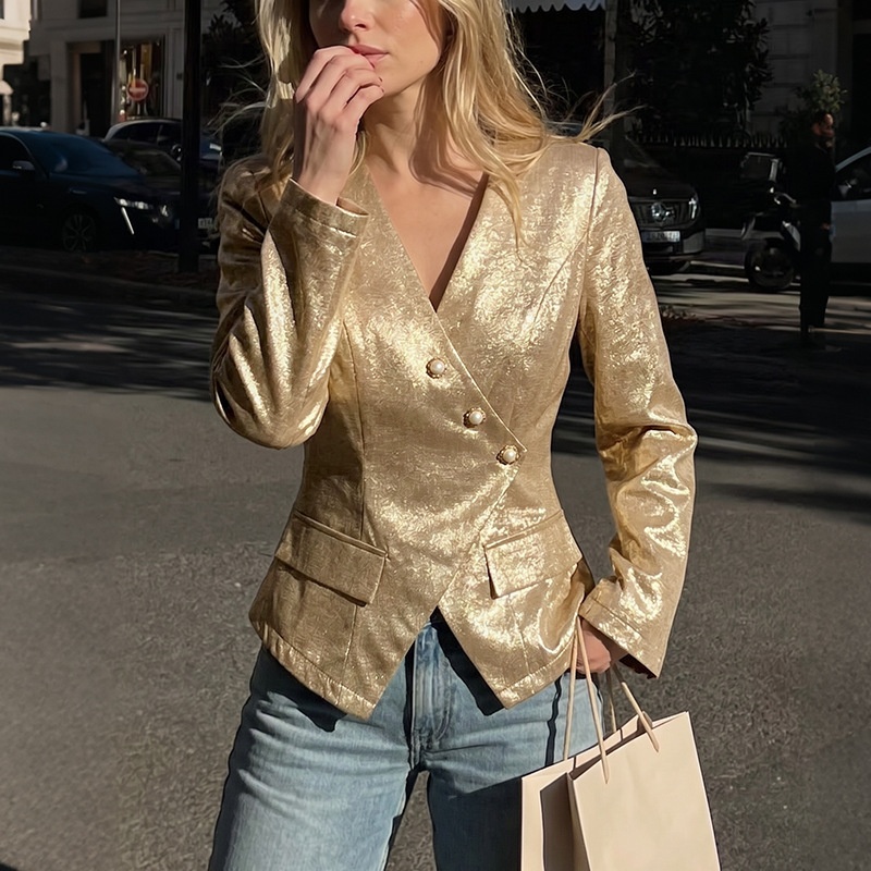 Metallic Gold Asymmetrical Button Blazer Jacket