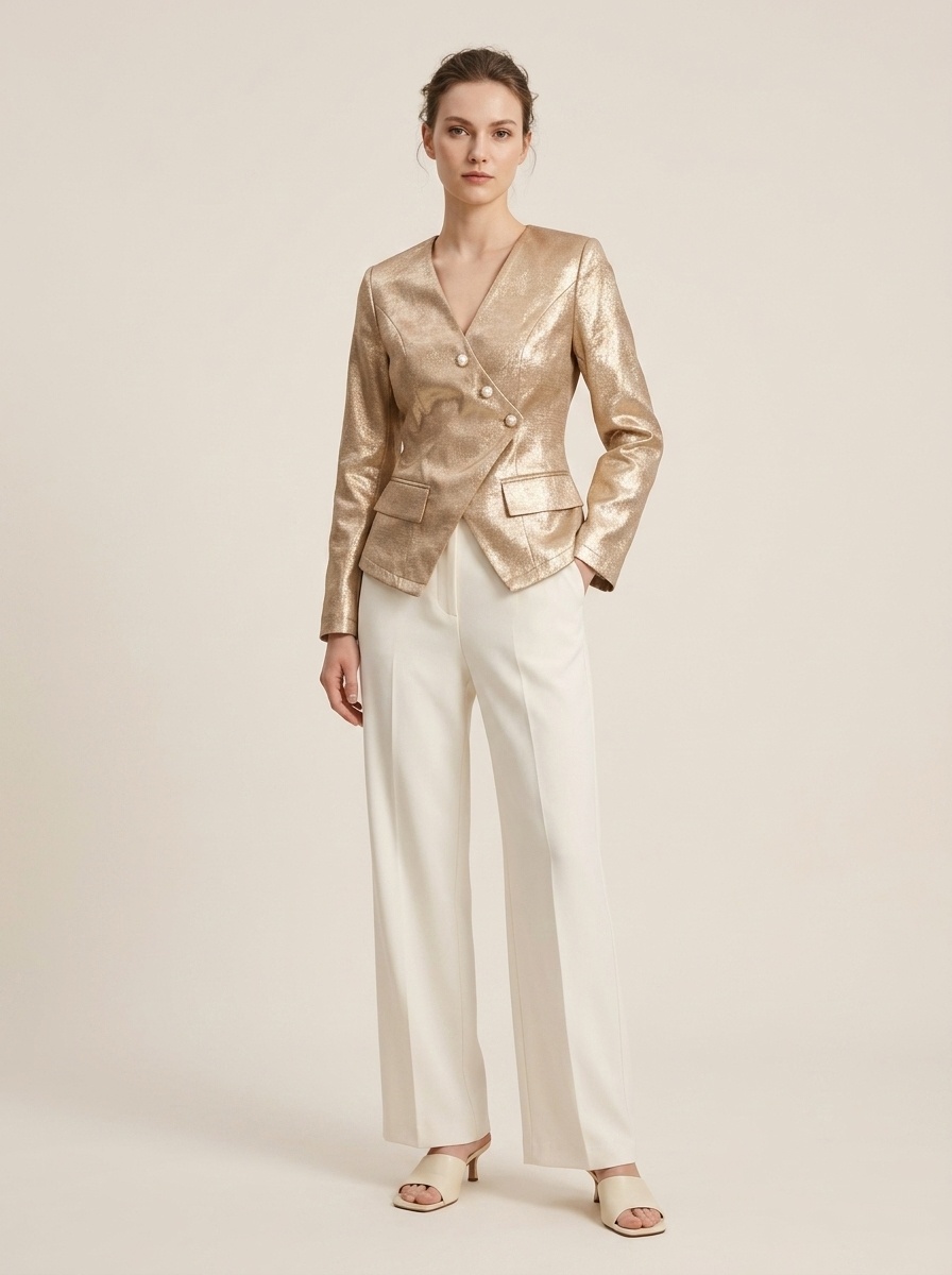Metallic Gold Asymmetrical Button Blazer Jacket