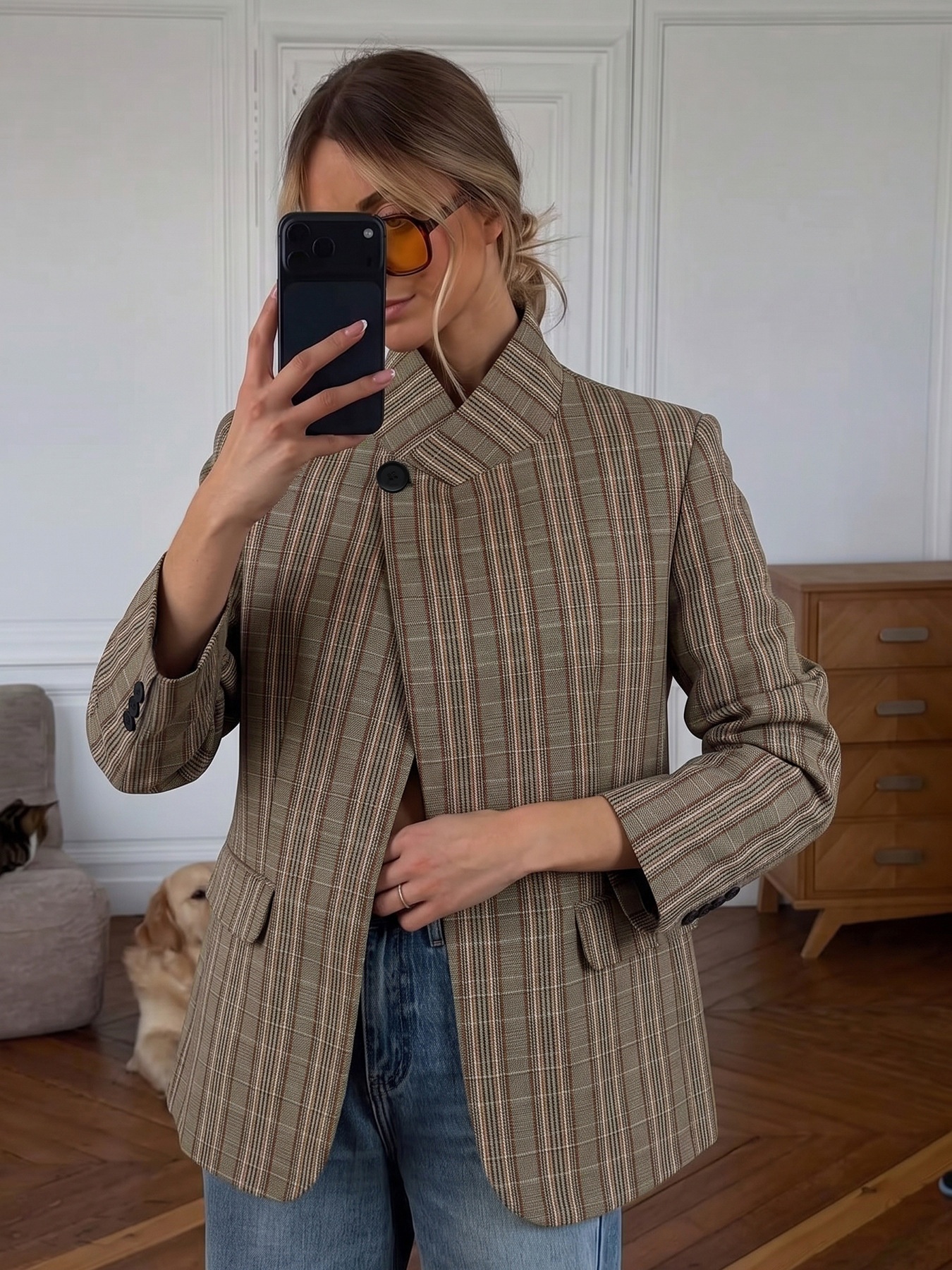 Women's Plaid Asymmetric High Neck Blazer Jacket