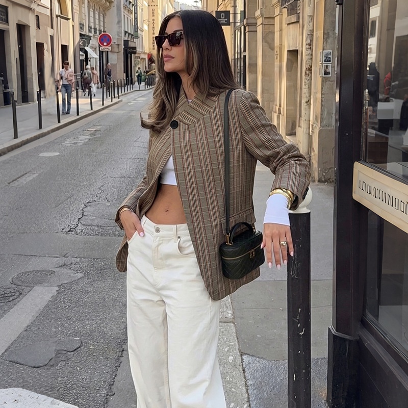 Women's Plaid Asymmetric High Neck Blazer Jacket