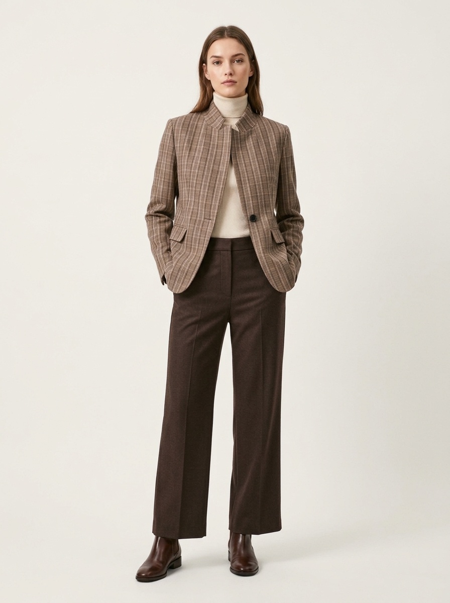 Women's Plaid Asymmetric High Neck Blazer Jacket